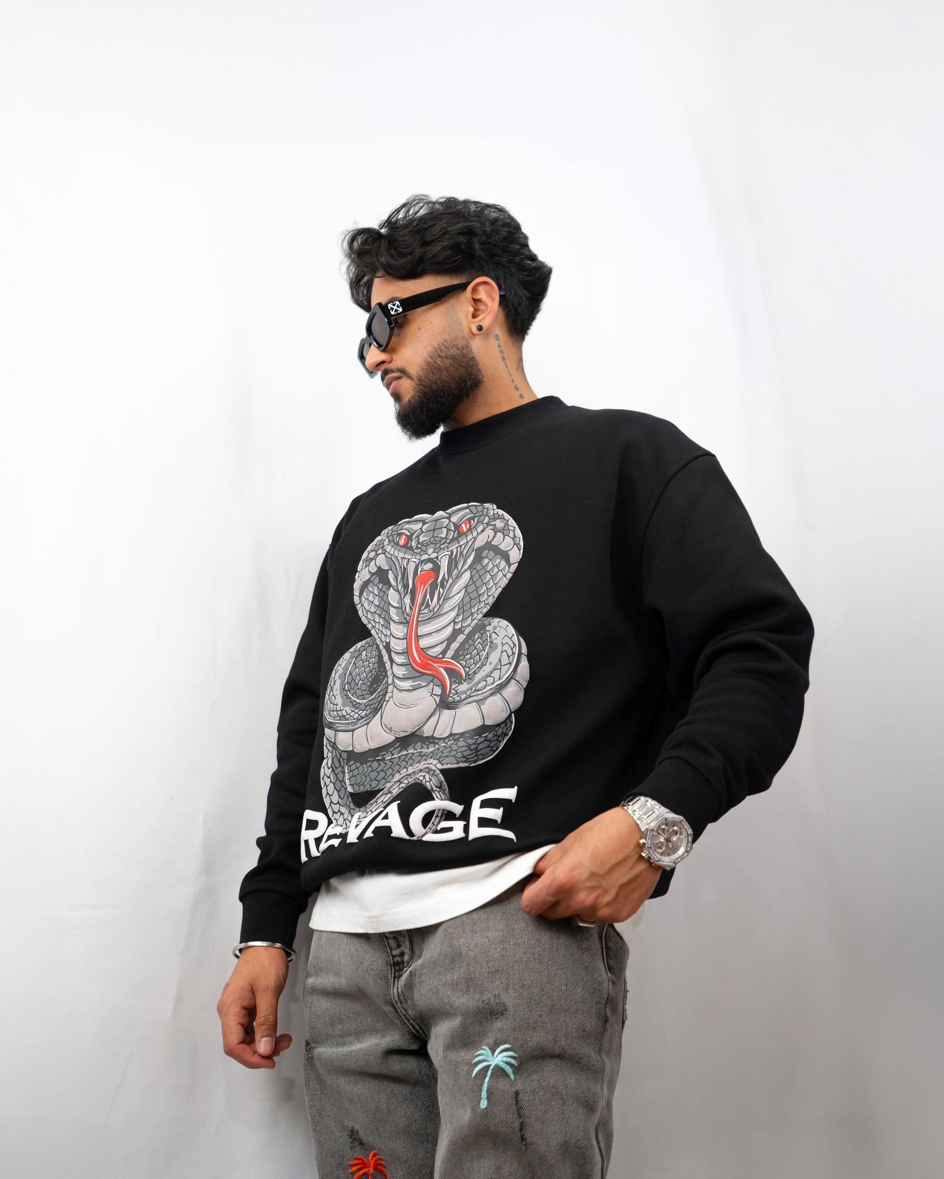 Snake crewneck , black crewneck men , black sweatshirt men , oversized crewneck men black